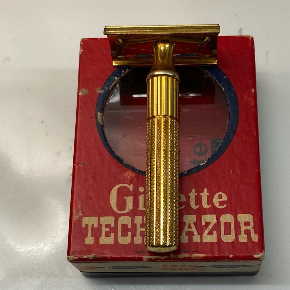Vintage 3 piece Gold Gillette Fat Handle Tech and original Box - Picture 5 of 13